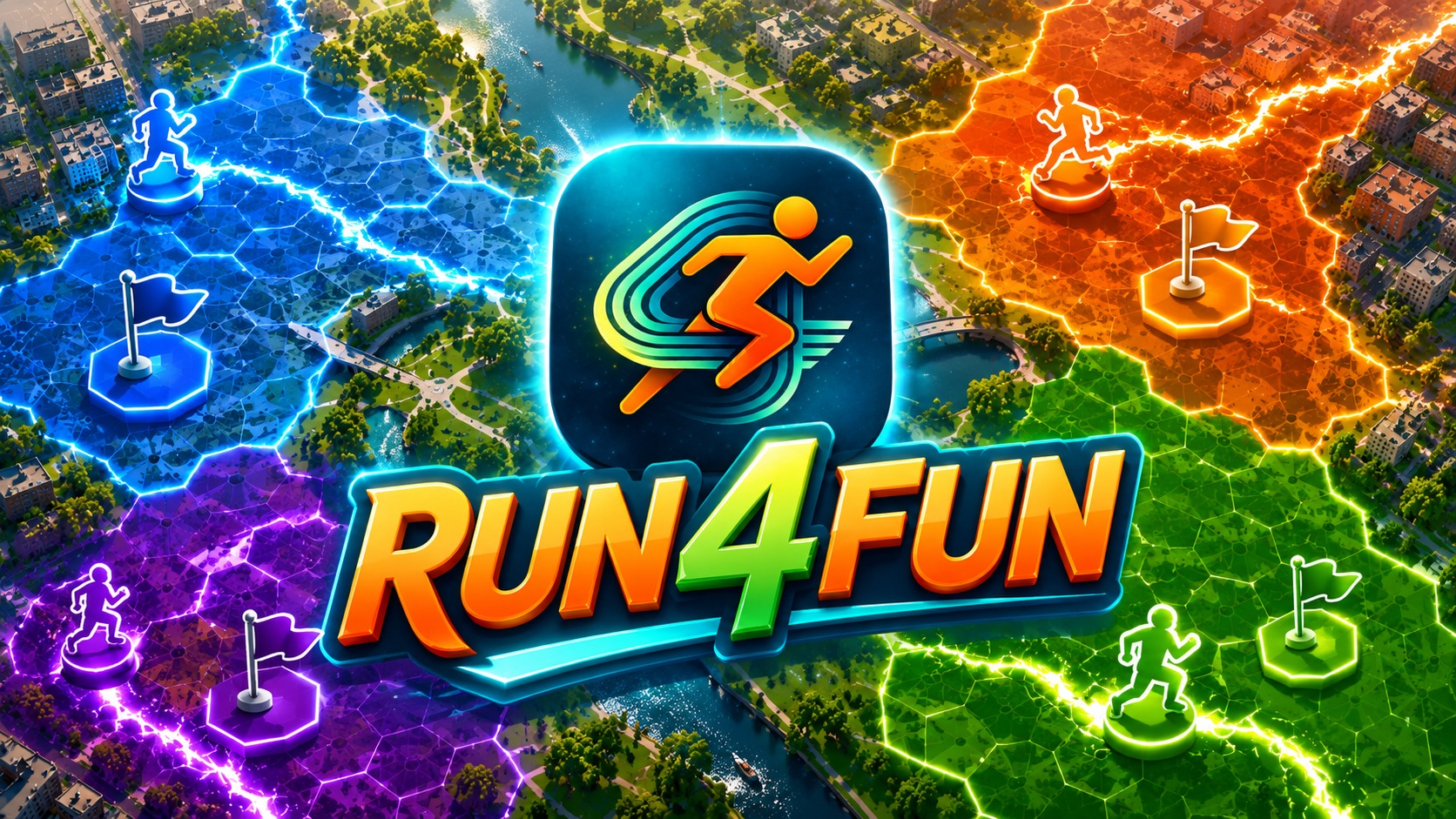Run4Fun territory map with colored hex zones, runner tokens, flags, and the Run4Fun app logo